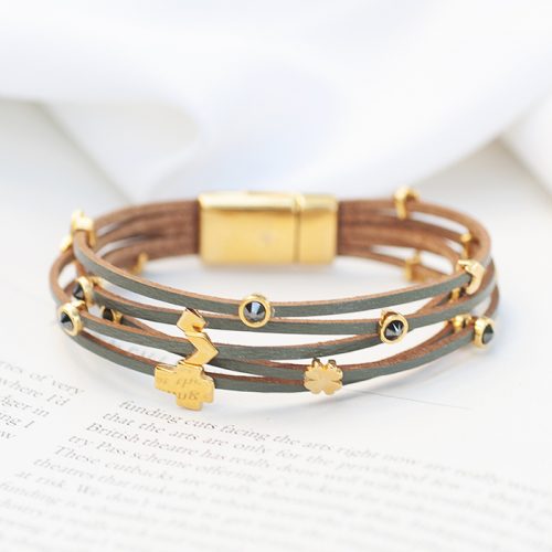 Multi row natural leather bracelet with crystals