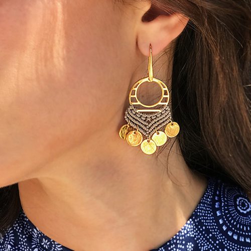 Macrame earrings with gold plated coins