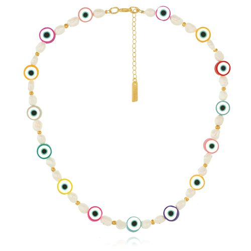Necklace with multi color evil eyes & freshwater pearls