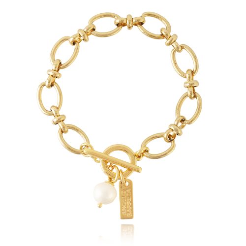 Gold plated chain bracelet with fresh water pearl & front clasp