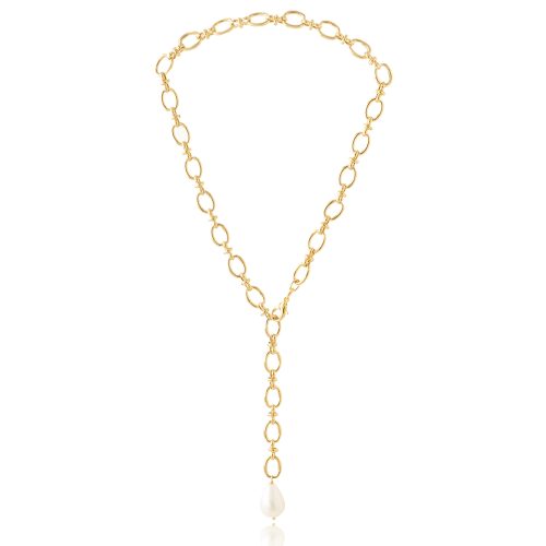 Gold plated long chain necklace with pearl drop