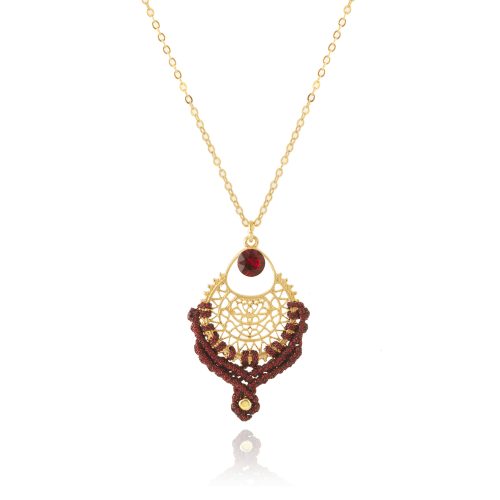 Chain necklace with gold plated element with macrame knots & crystal
