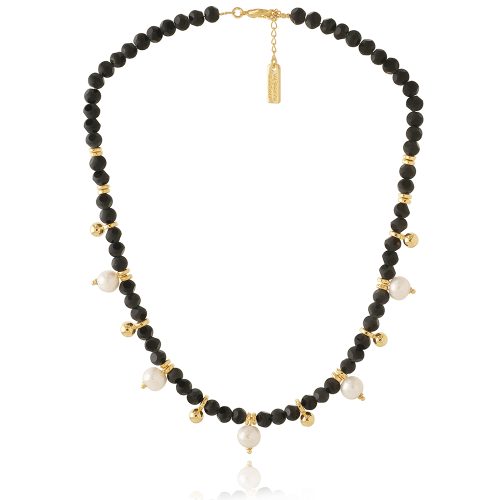 Gold plated necklace with black glass beads & fresh water pearls