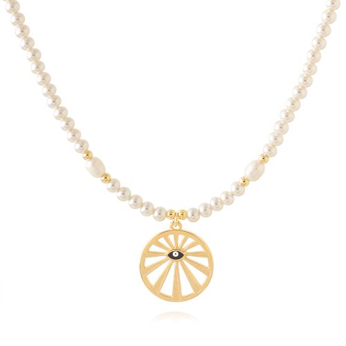 Fresh water pearls necklace with gold plated evil eye