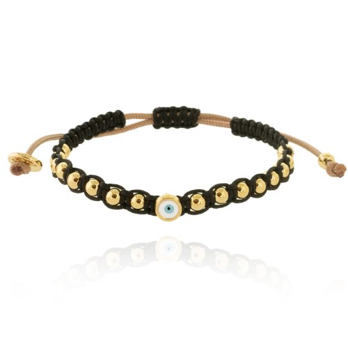 Macrame bracelet with gold plated beads & enamel evil eye