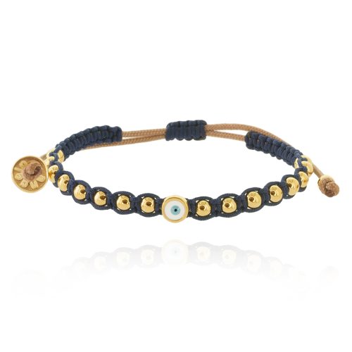 Macrame bracelet with gold plated beads & enamel evil eye