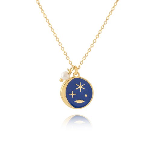 Chain necklace with round enamel with stars & freshwater