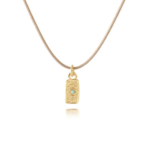 Cord necklace with gold plated rectangle evil eye