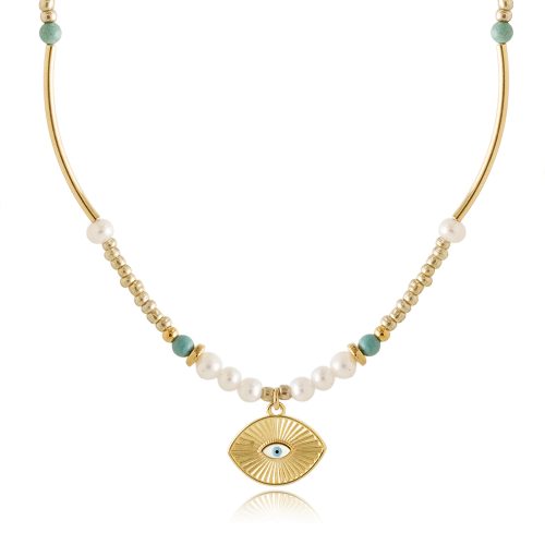 Necklace with evil eye, freshwater pearls & beads