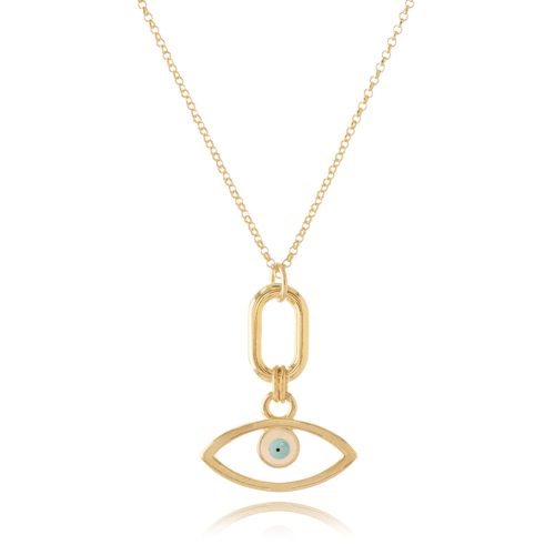 Long gold plated chain necklace with evil eye