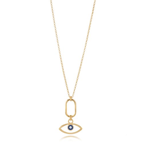 Long gold plated chain necklace with evil eye