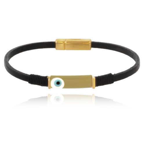 Natural leather with small curved bar & evil eye bracelet