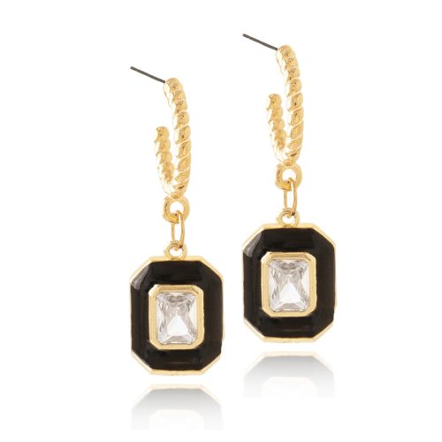 Hoop earrings with black enamel & crystal