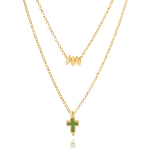 Two rows chain necklace with enamel cross