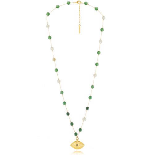 Rosary necklace with semi-precious stones & evil eye