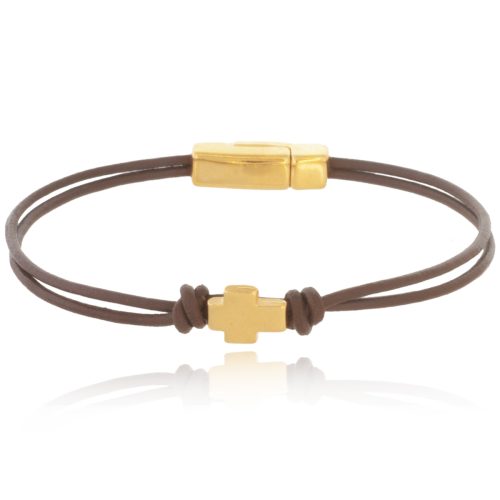 Leather bracelet with gold plated cross