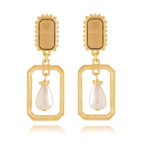 Gold plated enamel earrings with drop shaped pearl