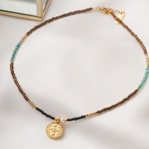 Necklace with glass beads & gold plated evil eye
