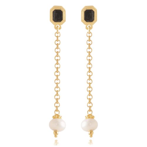 Gold plated earrings with chain & freshwater pearl