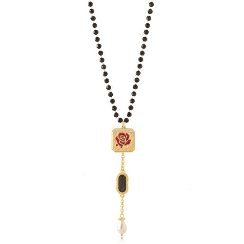 Long rosary necklace with enamel rose