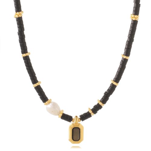 Necklace with semiprecious beads & gold plated vitraux