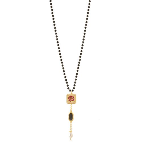 Long rosary necklace with enamel rose