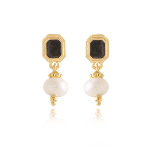 Gold plated earrings with squared enamel & freshwater pearl