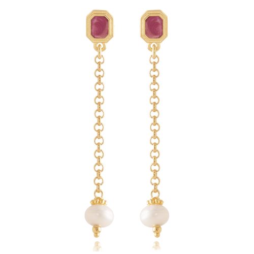 Gold plated earrings with chain & freshwater pearl