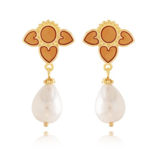 Gold plated earrings with enamel & drop shaped pearl