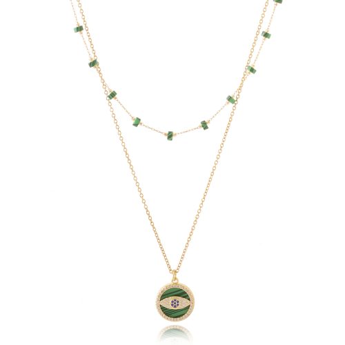 Two rows necklace with semi-precious beads & zircon evil eye