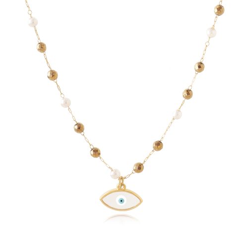 Necklace with transparent evil eye, freshwater pearls & hematite beads