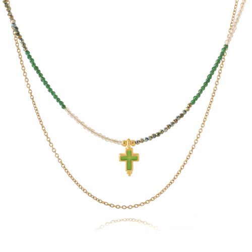 Two rows multi colour necklace with cross & chain