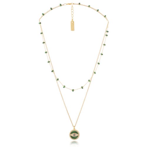 Two rows necklace with semi-precious beads & zircon evil eye