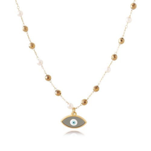 Necklace with transparent evil eye, freshwater pearls & hematite beads