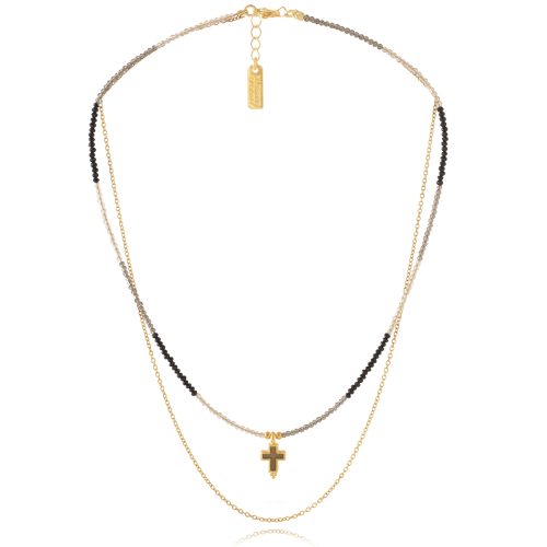 Two rows multi colour necklace with cross & chain