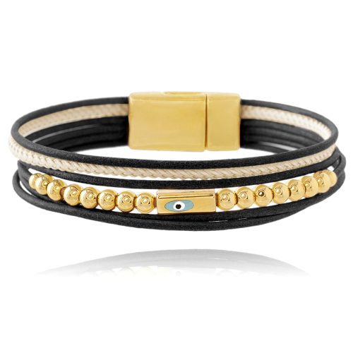 Multi row natural leather bracelet with gold plated evil eye
