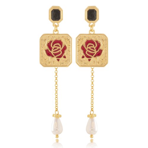 Gold plated squared rose earrings with freshwater pearl
