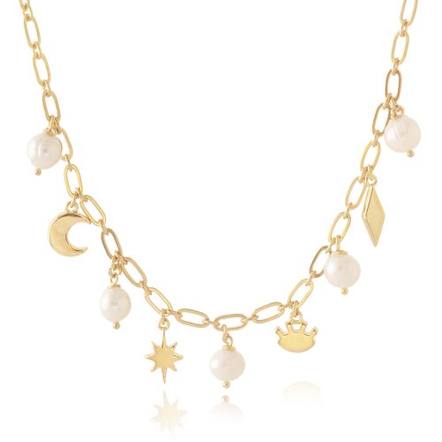 Chain necklace with gold plated elements & freshwater pearls