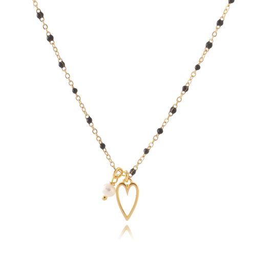 Chain necklace with black enamel detail & heart