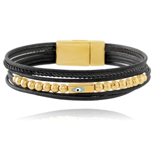 Multi row natural leather bracelet with gold plated evil eye