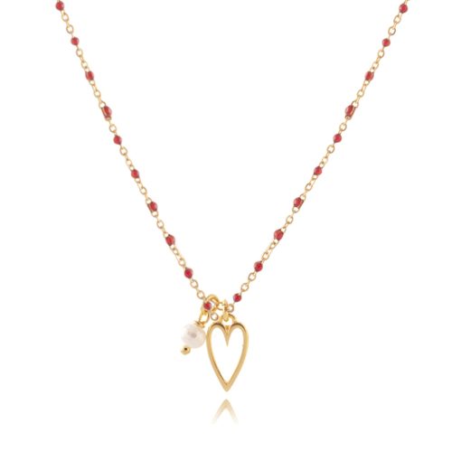 Chain necklace with red enamel detail & heart