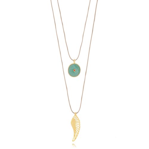 2Rows long necklace with gold plated feather