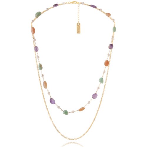 Two rows necklace with chain & semi precious stones