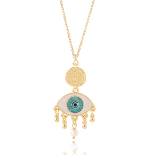 Chain necklace with white enamel evil eye & freshwater pearls