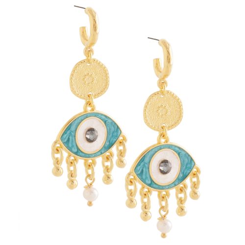 Hoop earrings with evil eyes & freshwater pearl