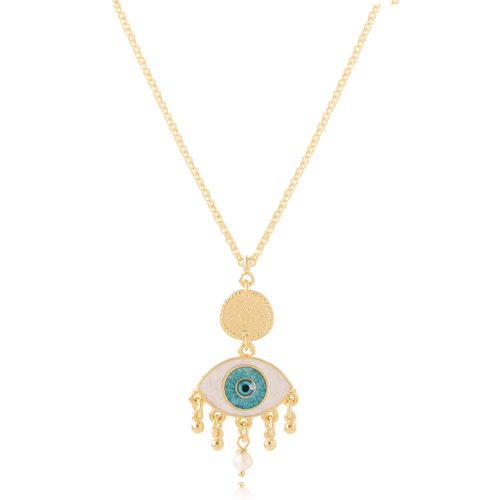 Chain necklace with white enamel evil eye & freshwater pearls