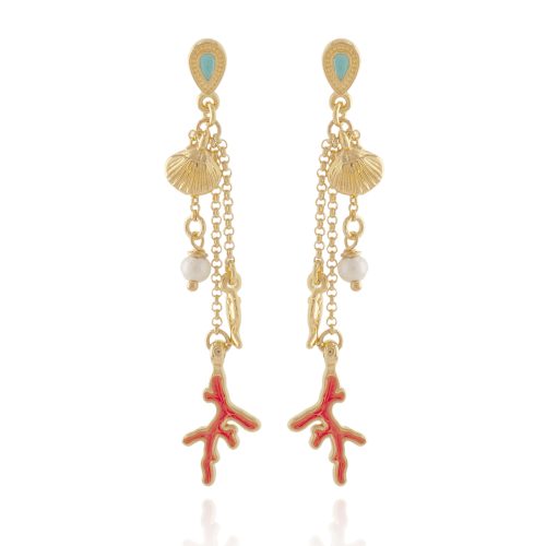 Earrings with gold plated coral pendant