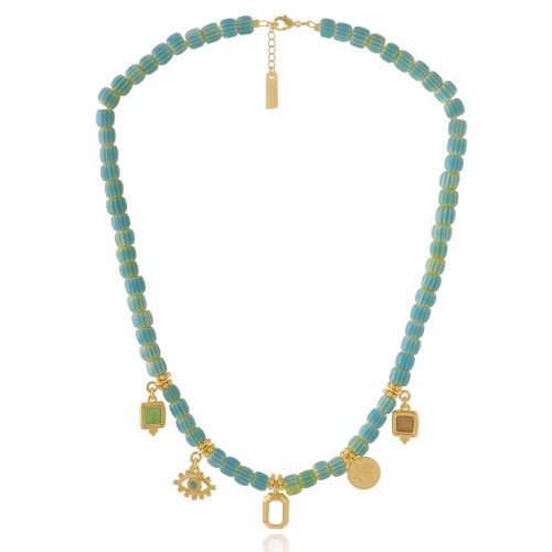 Ethnic necklace with glass beads & gold plated pendants