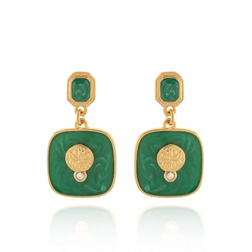 Gold plated green square earrings with coin