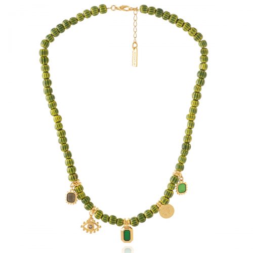 Ethnic necklace with glass beads & gold plated pendants